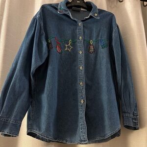 Basic Editions Blue Denim Shirt Holiday Christmas Plaid Stockings Embroidery - L